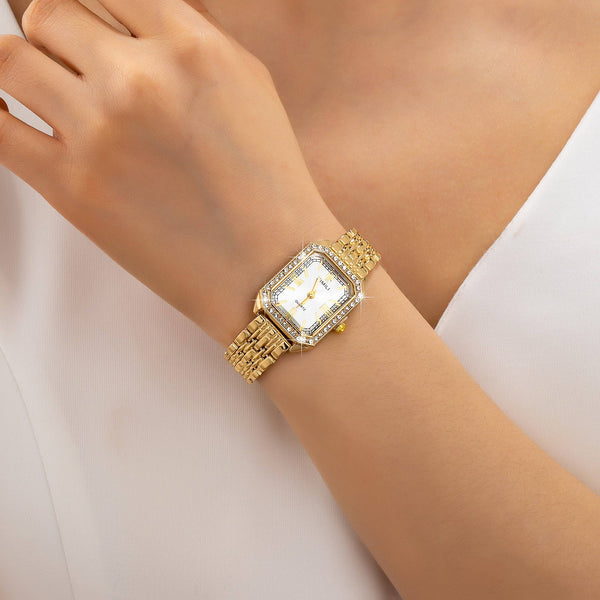 ENCRUSTED BEZEL RECTANGLE FACE BAND BRACELET WATCH | 80W005: GOLD-WHITE - Lulu Bella Boutique