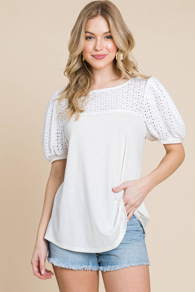 Plus Size Solid Casual Top With  Eyelet Detail: 2XL / Ivory