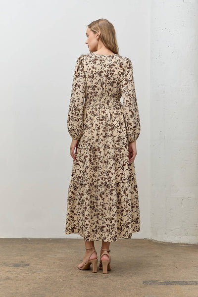 FLORAL PRINT LONG SLEEVE MIDI DRESS: CREAM MULTI