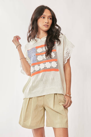 AMERICAN FLAG LOOSE FIT LACE SLEEVE HOODIE TOP: IVORY WHITE / L - Lulu Bella Boutique