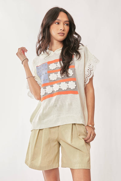 AMERICAN FLAG LOOSE FIT LACE SLEEVE HOODIE TOP: IVORY WHITE / M - Lulu Bella Boutique