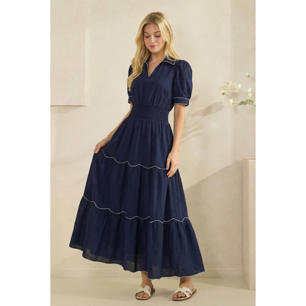 Collared neckline, puff sleeves, smocked waist, and scallope: Navy / S - Lulu Bella Boutique