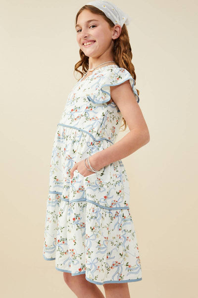 Girls Floral Ribbon Print Contrast Trim Dress: Blue