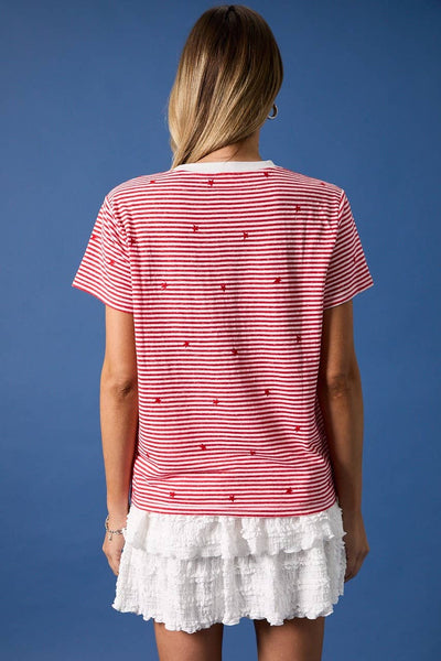 STRIPE KNIT T-SHIRT WITH ALL OVER STAR EMBROIDERY: RED-WHITE STRIPE / S - Lulu Bella Boutique