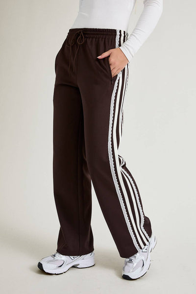 MID RISE SIDE STRIPE & LACE TRIM DETAIL TRACK PANTS: BROWN-WHITE - Lulu Bella Boutique
