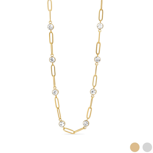 18K Gold PVD Steel Station Stone Paperclip Chain Necklace: Gold / 14+02" / 4mm - Lulu Bella Boutique