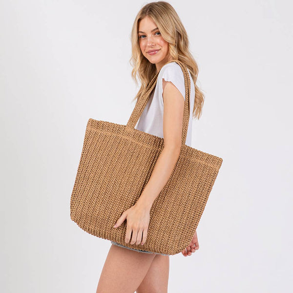 Solid Crochet Straw Tote Bag / Beach Bag
: Beige - Lulu Bella Boutique