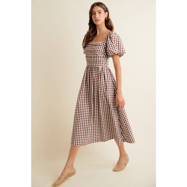 GINGHAM LACE TRIM PUFF SLEEVES LINED MIDI DRESS: BROWN / S - Lulu Bella Boutique