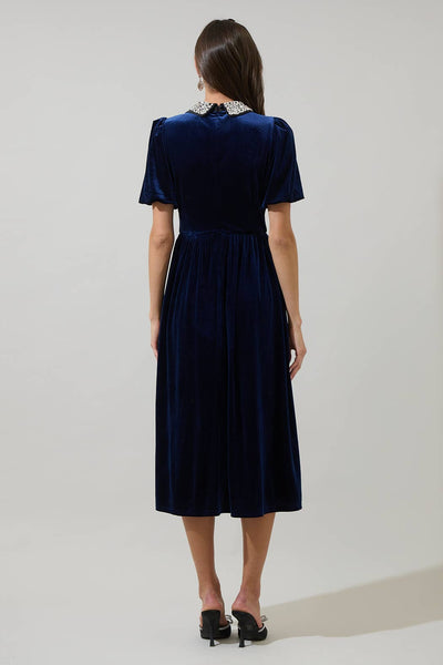 Francie Rhinestone Velvet Midi Dress: Navy