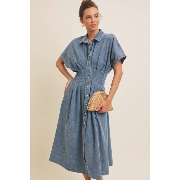 STRETCHY DENIM MIDI DRESS WITH MINERAL-WASHED: WASHED DENIM / L - Lulu Bella Boutique