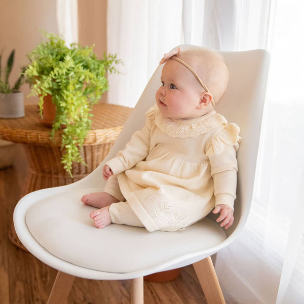 Milan Ruffle Collar Pointelle Knit Baby Dress - Organic: Cream