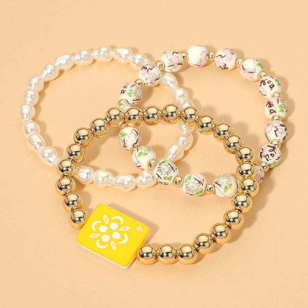 3PCS - Mahjong Charm Accent Floral Pearl Beaded Stretch Multi Layered Bracelets: Black,Gold