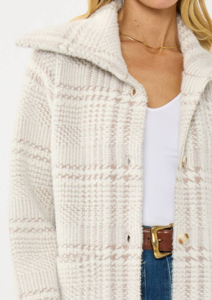 Plaid Button-Up Sweater Jacket: CREAM/TAUPE