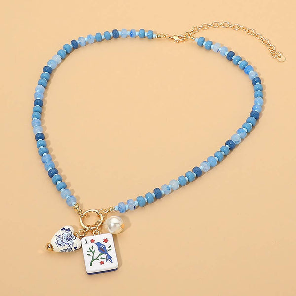 Mahjong Tile Charm Pearl Floral Bead Ball Charm Pendant Beaded Necklace: Blue,Gold