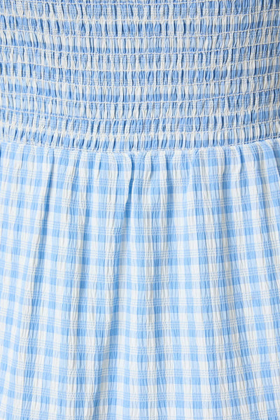 SQUARE NECK SHOULDER STRAP TIERED MINI DRESS: WHITE-BLUE GINGHAM / S - Lulu Bella Boutique