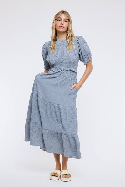 GINGHAM SMOCKED MIDI DRESS: NAVY/WHITE - Lulu Bella Boutique