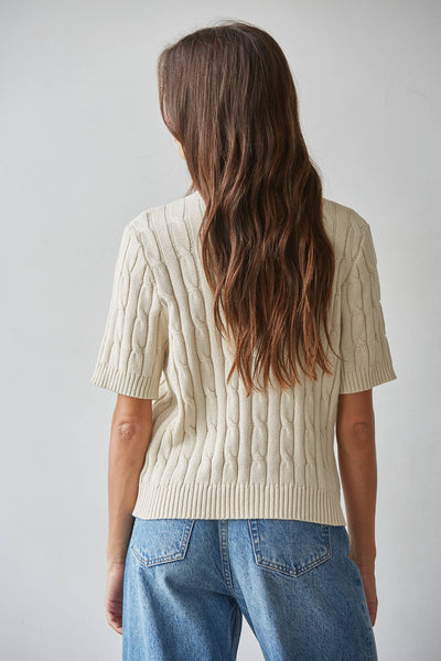 Cable Knit Short Sleeve Button Down Top: Natural