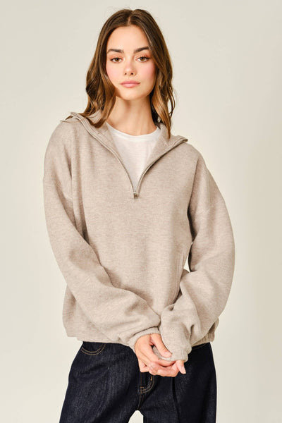 WOOL MIX HALF ZIP UP PULLOVER SWEATER: MOCHA