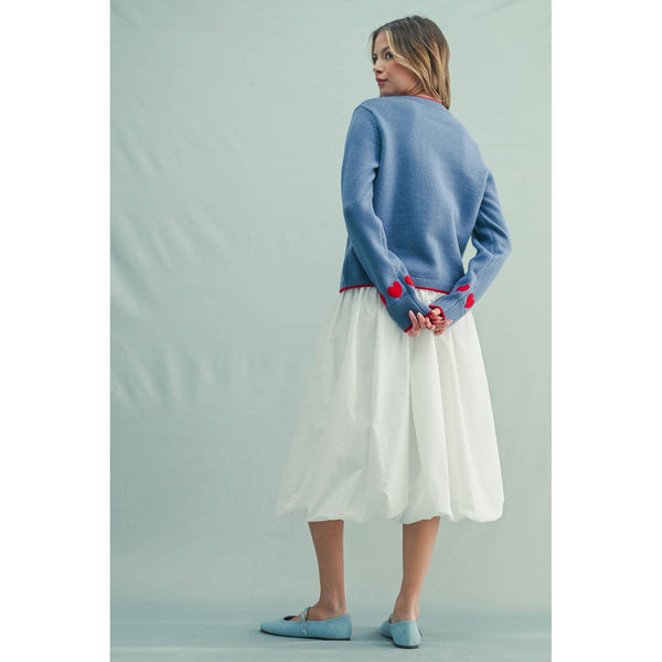 HEART DETAIL BUTTON-UP SWEATER TOP: M.BLUE/POPPY - Lulu Bella Boutique