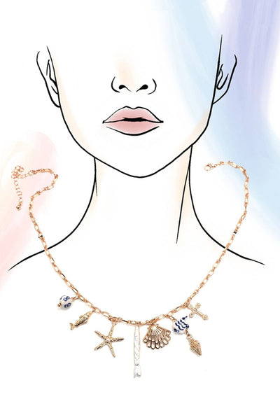 CHARM NECKLACE-PORCELAIN SEASHELL AND STARFISH | 80N92141: GOLD - Lulu Bella Boutique