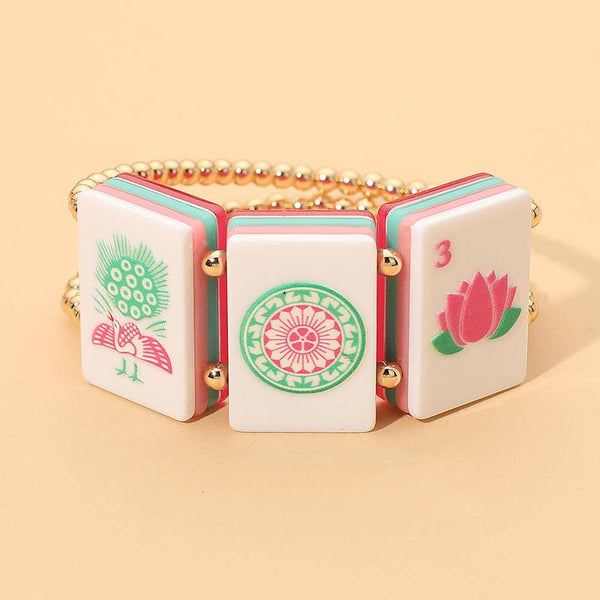Mahjong Tile Beaded Stretch Bracelet: Gold,Multi