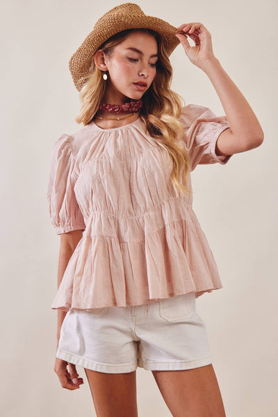 Embroidered Rose Peplum Blouse: Rose Latte - Lulu Bella Boutique