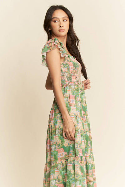 VILLAGE SMOCKING BODICE RUFFLE SLEEVE MAXI DRESS: Pink green / M - Lulu Bella Boutique
