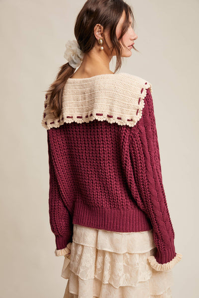 Two-Tone Crochet Collar Cable Knit Cardigan: Cranberry