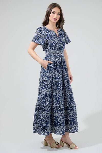 Viridiana Floral Eyelet Palmer Poplin Tiered Maxi Dress: DenimBlue / S - Lulu Bella Boutique