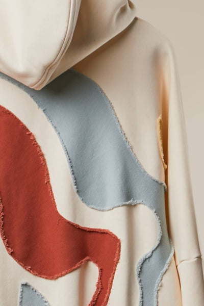 Abstract Patch Hoodie with Kangaroo Pocket: Cream