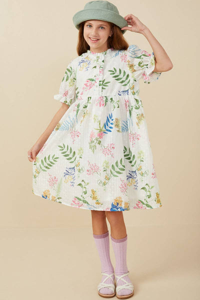 Girls Embroidered Textured Botanical Buttoned Dress: Off White