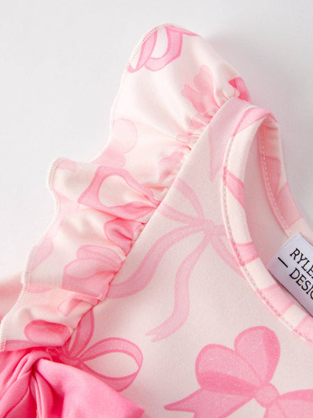 Girls Pink Bow Print Romper: 6M - Lulu Bella Boutique