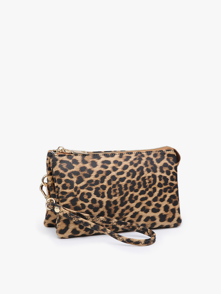 M013LP Riley Leopard 3 Compartment Crossbody/Wristlet: Snow Leopard - Lulu Bella Boutique