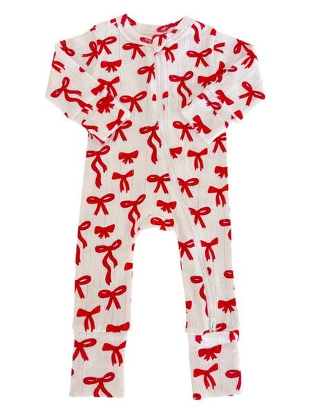Red Bows / Organic Pointelle 2-Way Zip Romper: 3 - 6 mo.