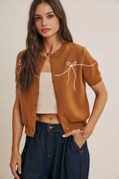 FRENCH MORNING BOW EMBROIDERED BUTTON-DOWN COTTON CARDIGAN: OFF WHITE / S - Lulu Bella Boutique