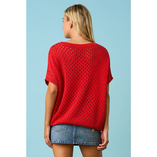USA STAR PATCH OPEN KNIT SHORT SLEEVE SWEATER TOP: RED / S-M-L(2-2-2) - Lulu Bella Boutique