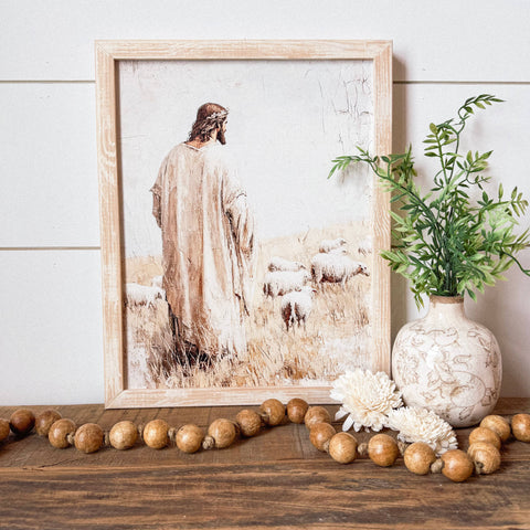 Jesus with Sheep Wall Art Print: Natural Frame / 16x20 Inches