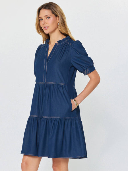 Denim Tiered Short Sleeve Mini Dress: Denim / XS - Lulu Bella Boutique