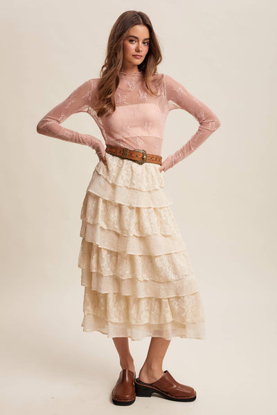 Sheer Lace Long-Sleeve Top LT1354: Blush / XS - Lulu Bella Boutique
