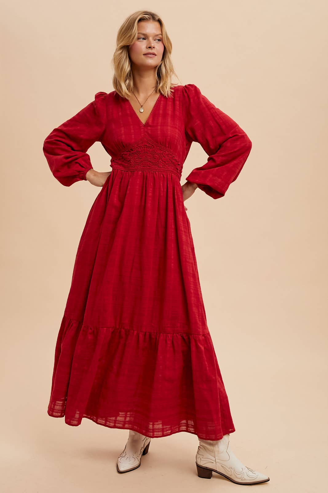 lulu red maxi dress LACE DETAIL COTTON MAXI DRESS: CHERRY MERLOT / S