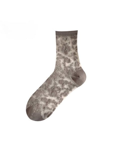 Elegant Bloom Sheer Lace Socks: Khaki