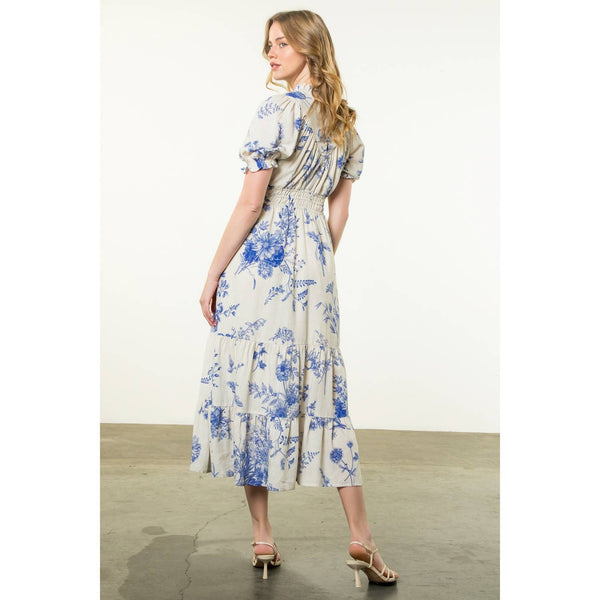 Floral Print Short Sleeve Maxi Dress: BLUE / XS-S-M-L(1-2-2-1) - Lulu Bella Boutique