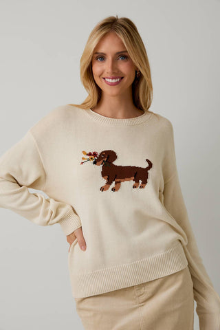 ROUND ROLL UP NECK & SLEEVE "DOG" GRAPHIC SWEATER TOP: CREAM / S - Lulu Bella Boutique