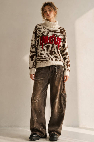 AMOUR ANIMAL KNIT SWEATER: IVORY/BROWN