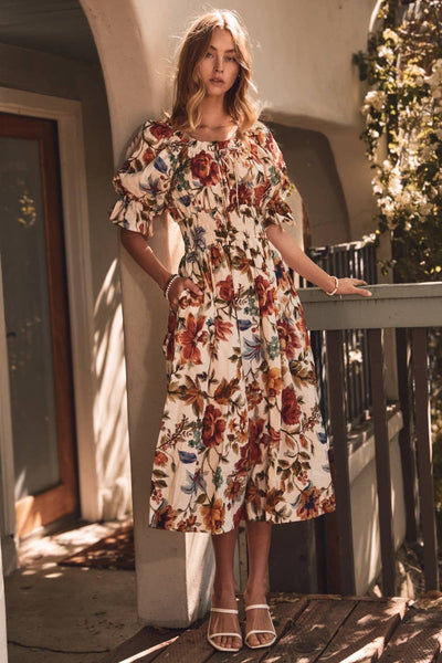 Floral Printed Smocked Waist Midi Dress: IVORY MULTI / S - Lulu Bella Boutique