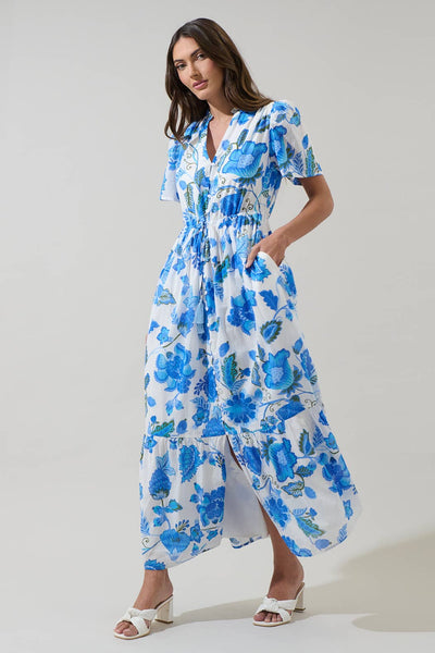 Samian Floral Kissa Button Down Maxi Dress: WHITE-BLUE-GREEN / S