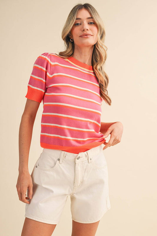 STRIPED SHORT SLEEVE SWEATER: ROSE PERSIMMON