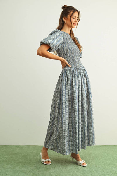 D5974   FLORAL PRINT WITH PUFF SLV DRESS: BLUE MULTI / S - Lulu Bella Boutique