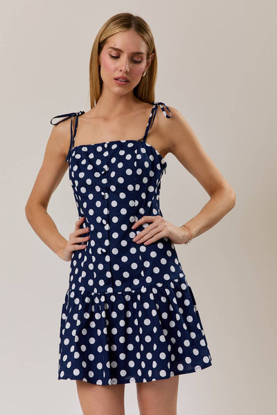 DROP WAIST BUTTON DETAIL POLKA DOT MINI DRESS: NAVY-WHITE DOT / S - Lulu Bella Boutique