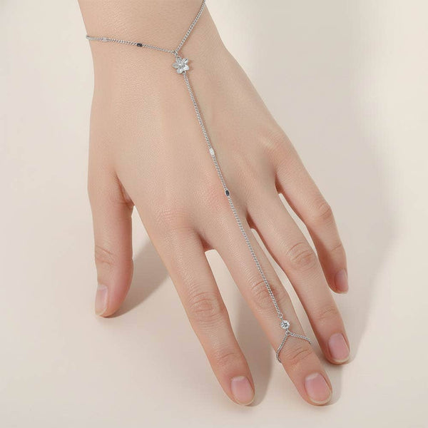Delicate Flower Charm Accent Hand Chain Bracelet: Clear,Rhodium - Lulu Bella Boutique